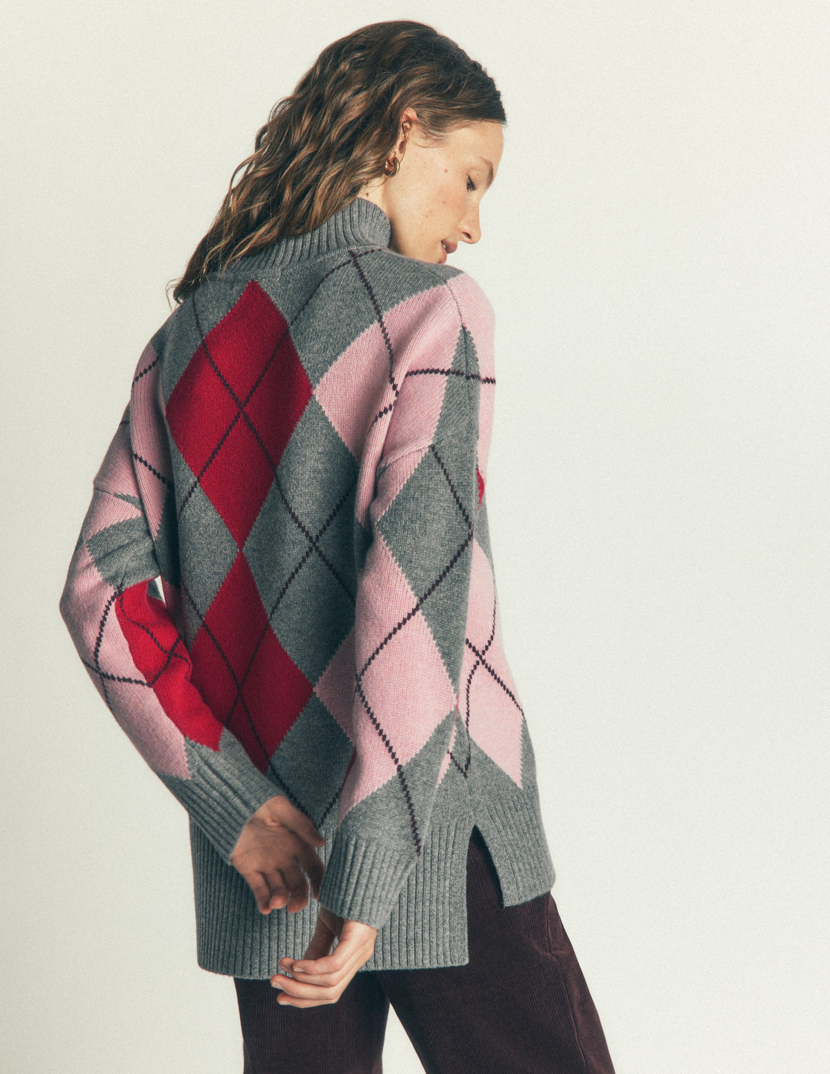 Marta Langer Merino-Pullover-Grau, Rot, Rosa Argyle-3