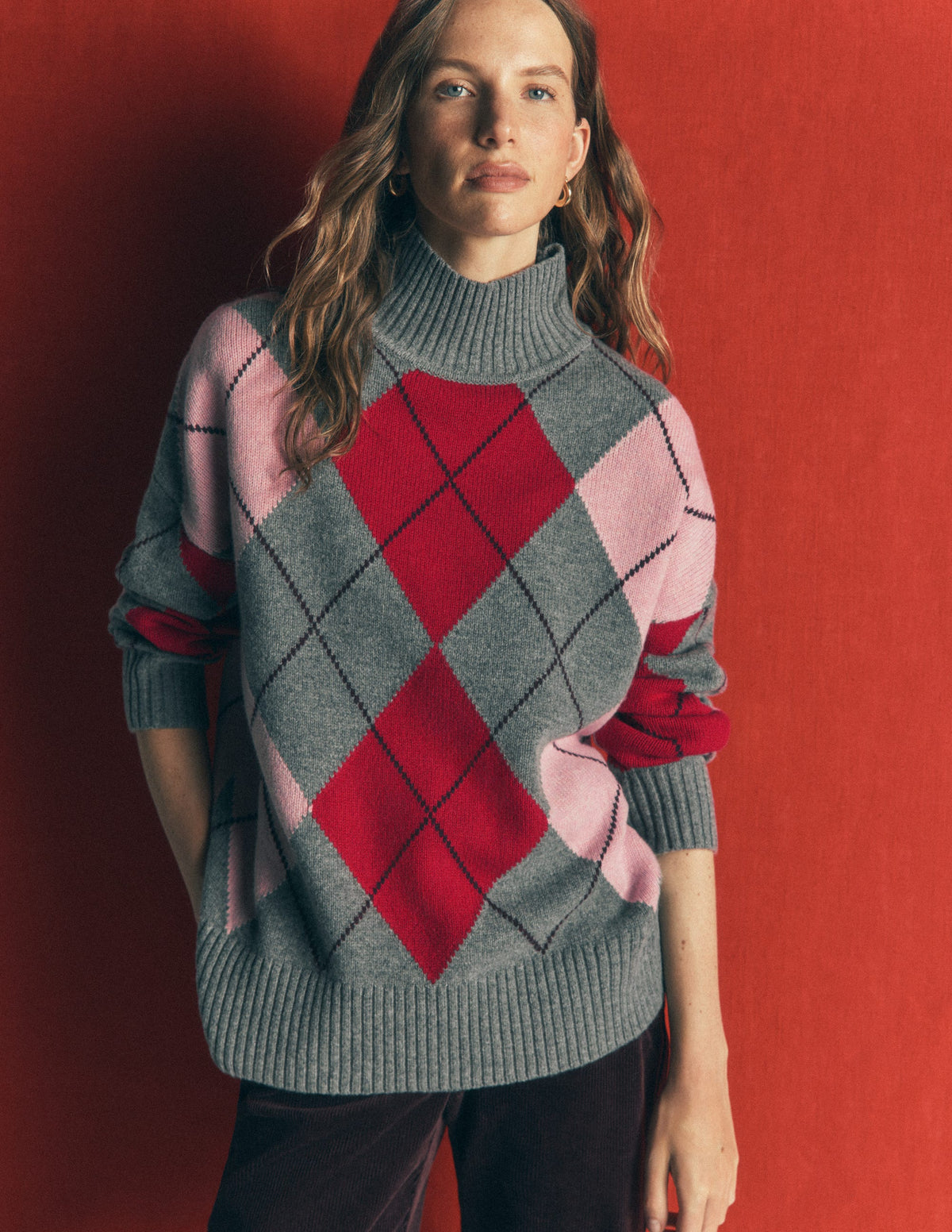 Marta Langer Merino-Pullover-Grau, Rot, Rosa Argyle-5