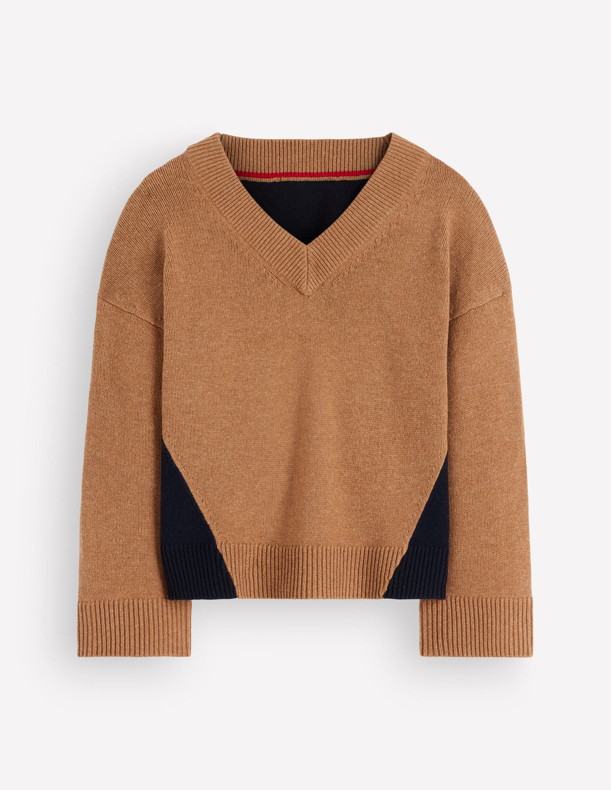 Marta Merino-Pullover mit V-Ausschnitt-Camel, Marineblau Color Blocking - Image 5