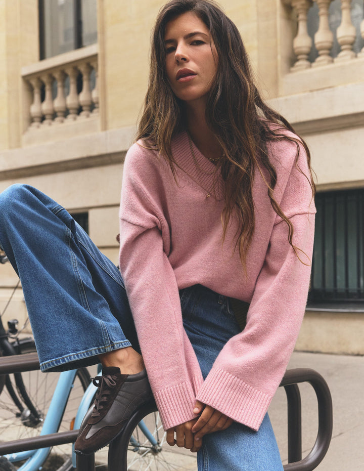 Pull col V Marta en laine mérinos-Colourblock blush, vert