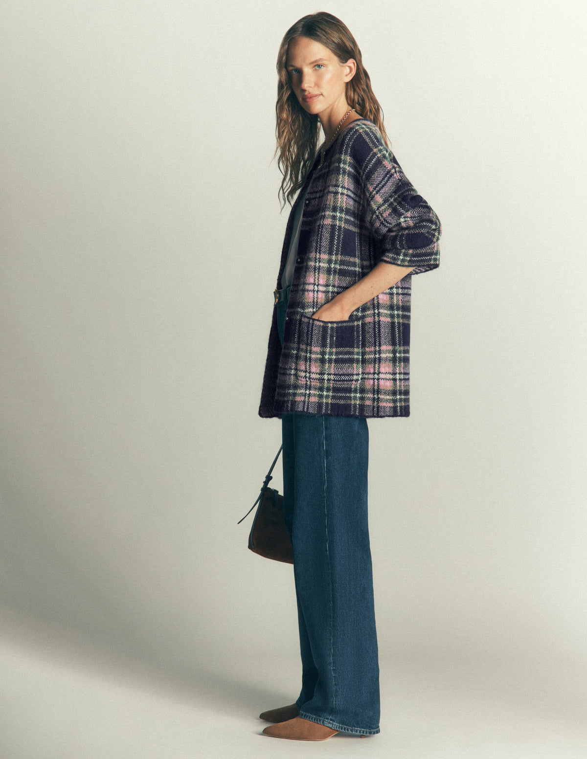 Flauschige Jacquard-Strickjacke-Marineblau, Grün und Rosa Kariert-5