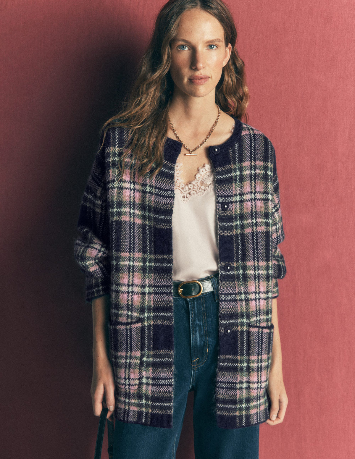 Flauschige Jacquard-Strickjacke-Marineblau, Grün und Rosa Kariert - Image 6