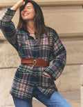 Flauschige Jacquard-Strickjacke-Marineblau, Grün und Rosa Kariert