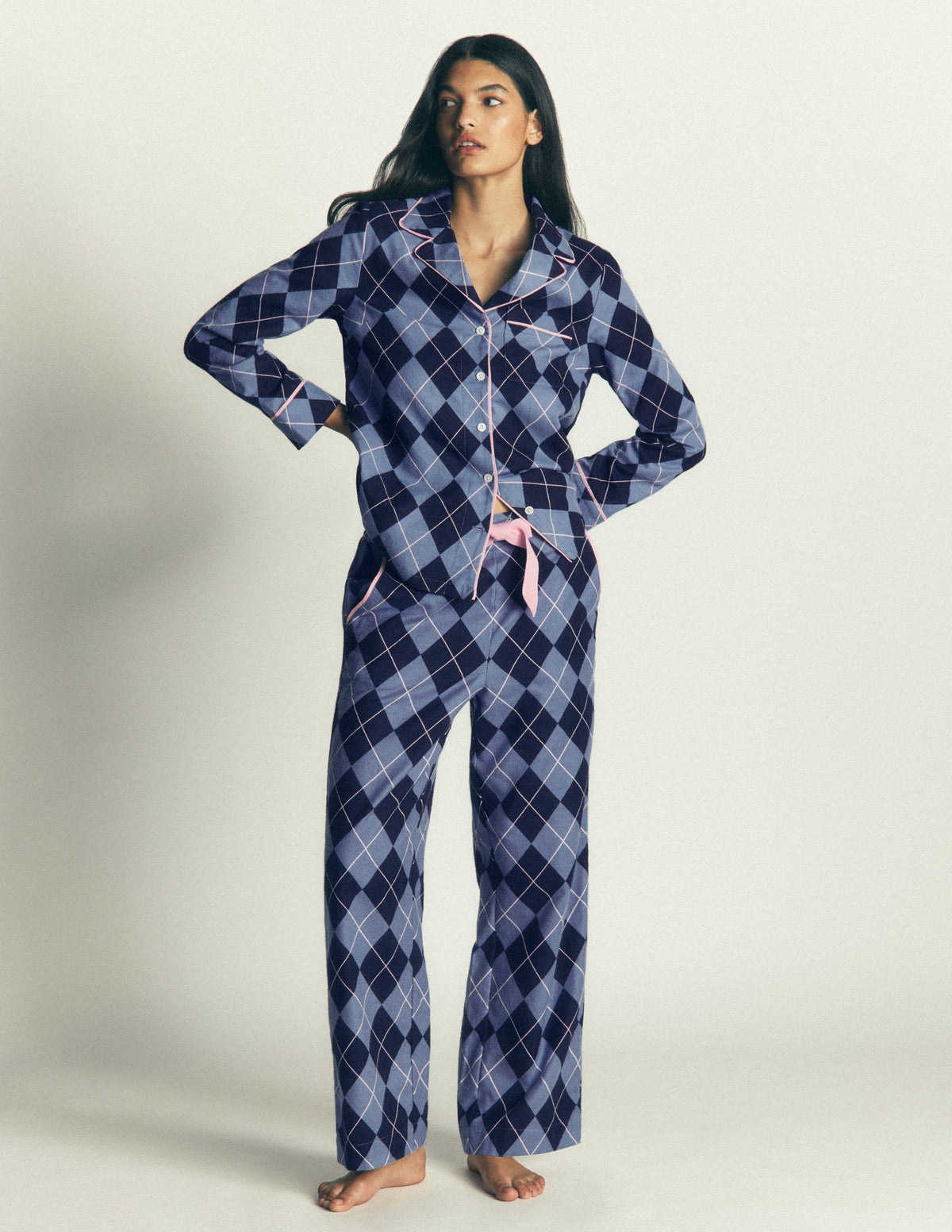 Bas de pyjama en coton brossé-Motif argyle bleu clair et bleu marine - Image 1