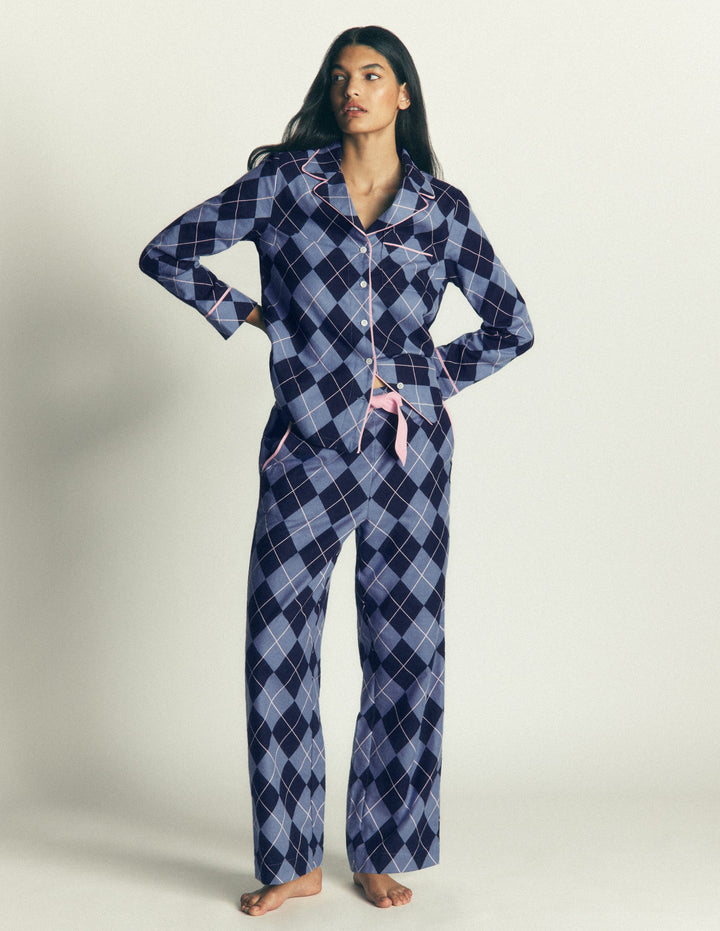 Bas de pyjama en coton brossé-Motif argyle bleu clair et bleu marine