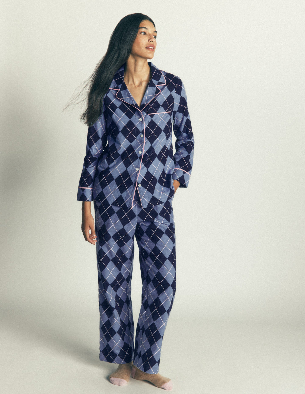 Bas de pyjama en coton brossé-Motif argyle bleu clair et bleu marine - Image 4