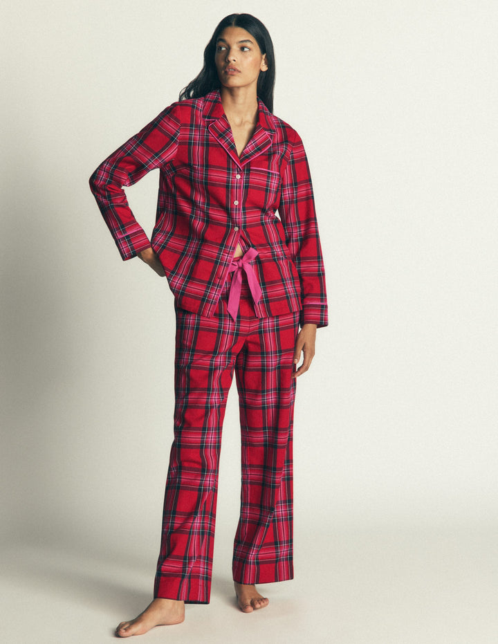 Bas de pyjama en coton brossé-Carreaux rouges