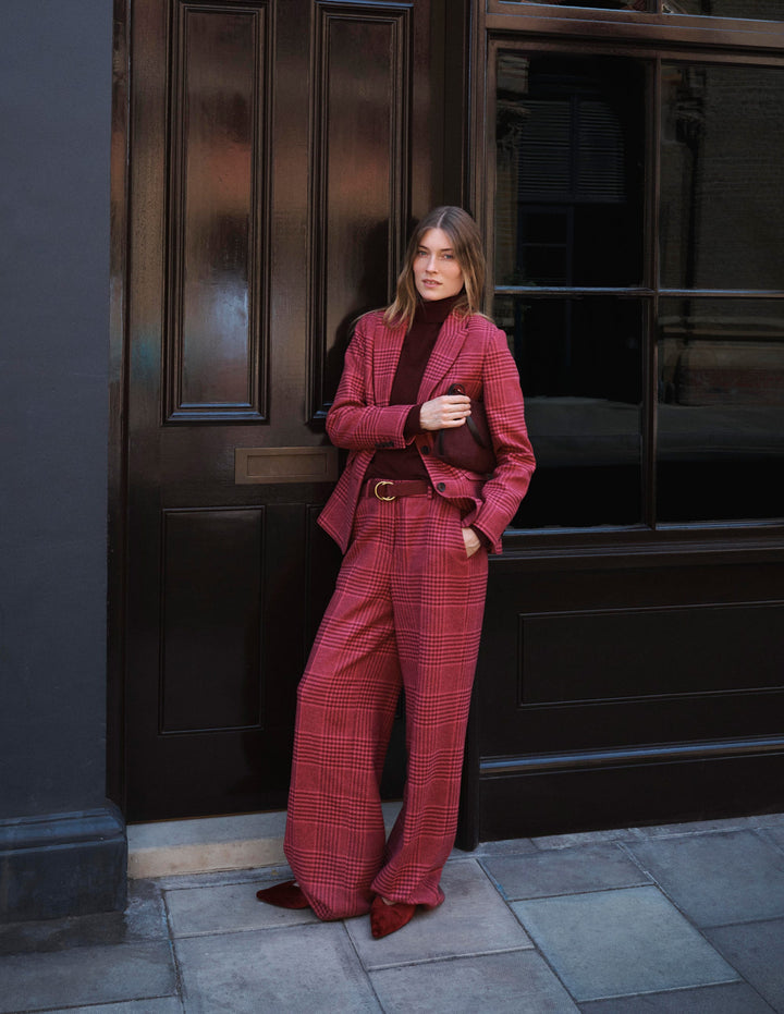 Pantalon Belgravia en laine mélangée-Carreaux rose et acajou