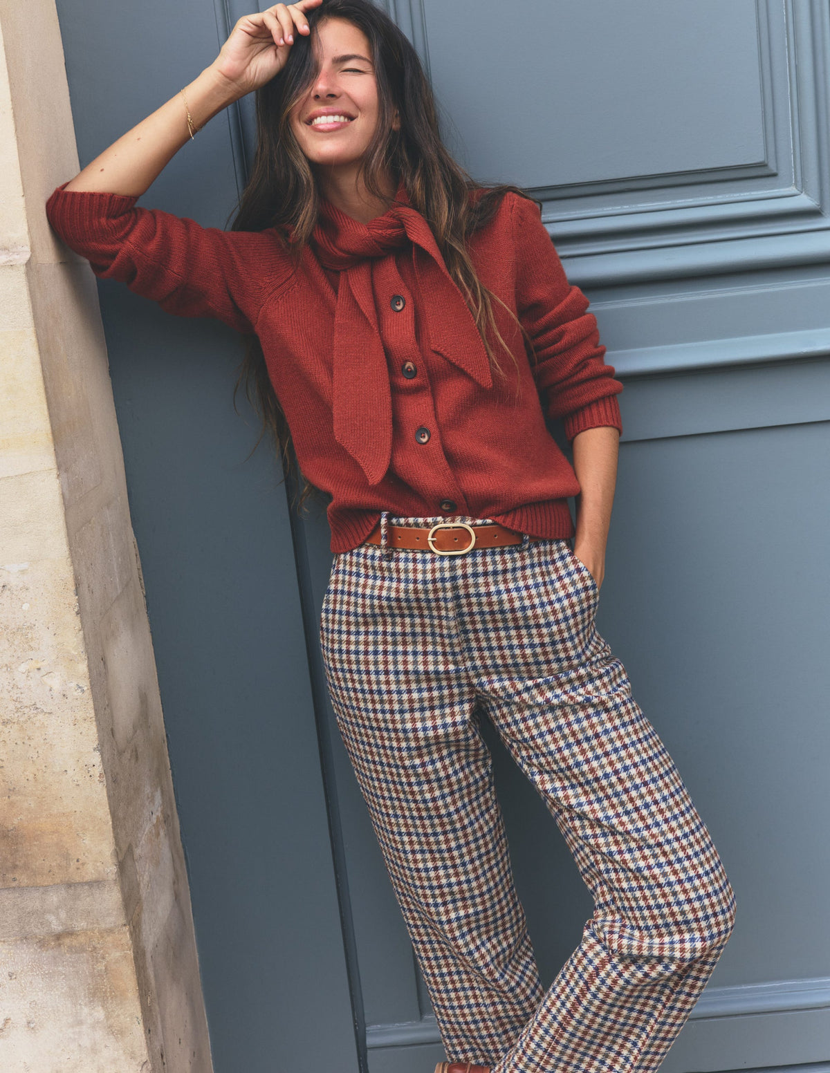 Canonbury Wool Blend Trousers-Ivory, Blue and Maroon Check - Image 9