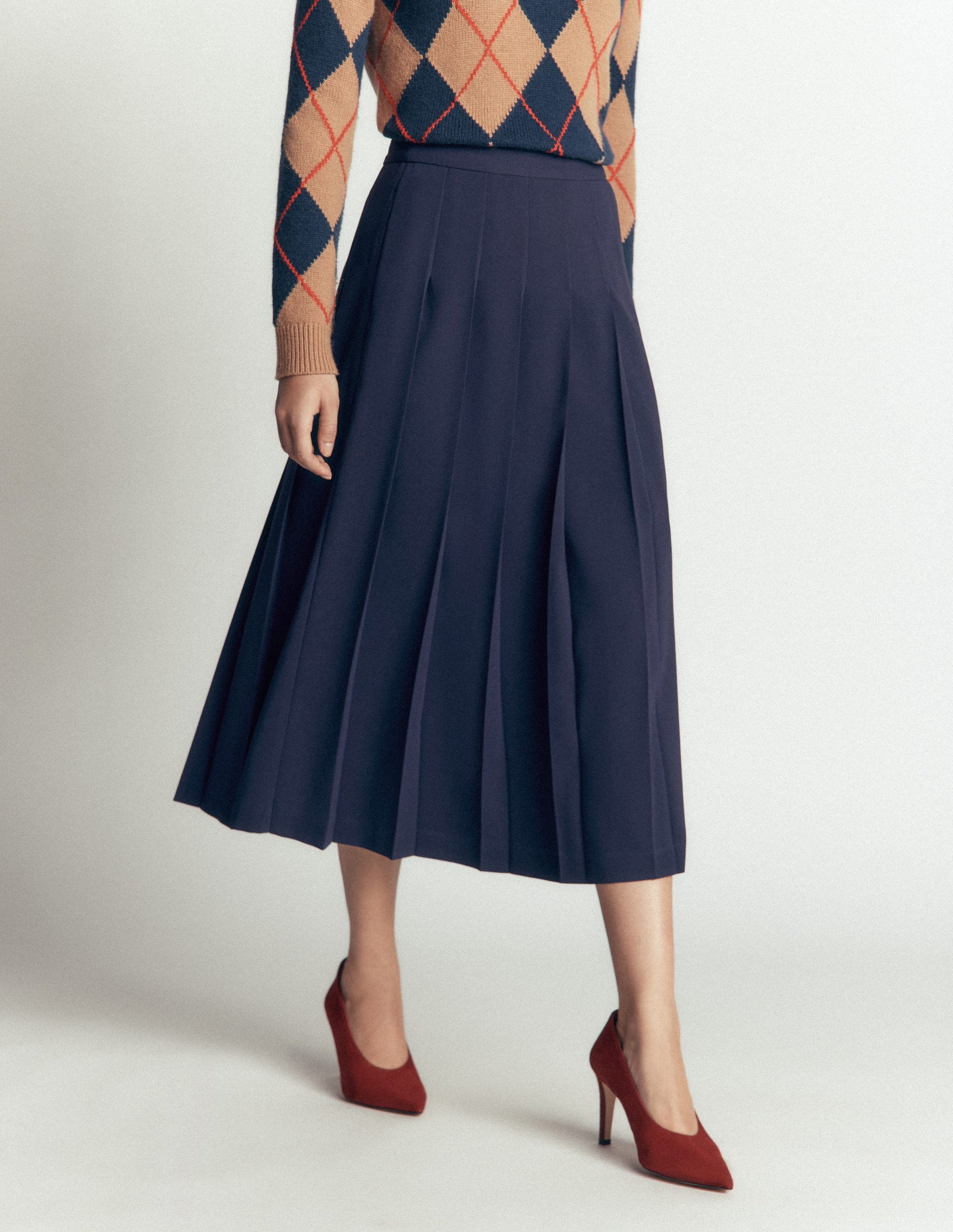 Plissierter Midirock mit seitlichem Schlitz-Marineblau-5