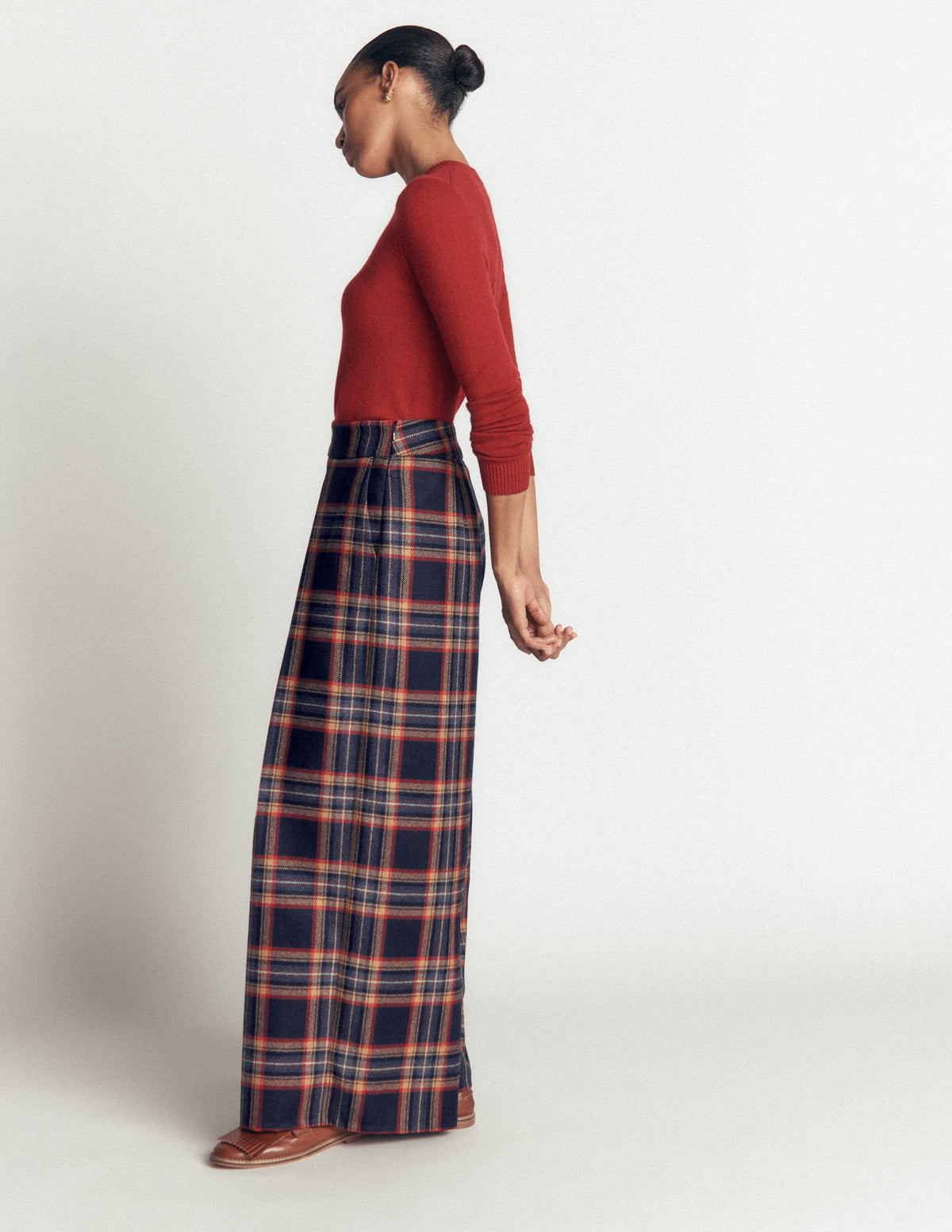 Plissierte Culotte aus Wollmischung-Marineblau, Camel Kariert - Image 5