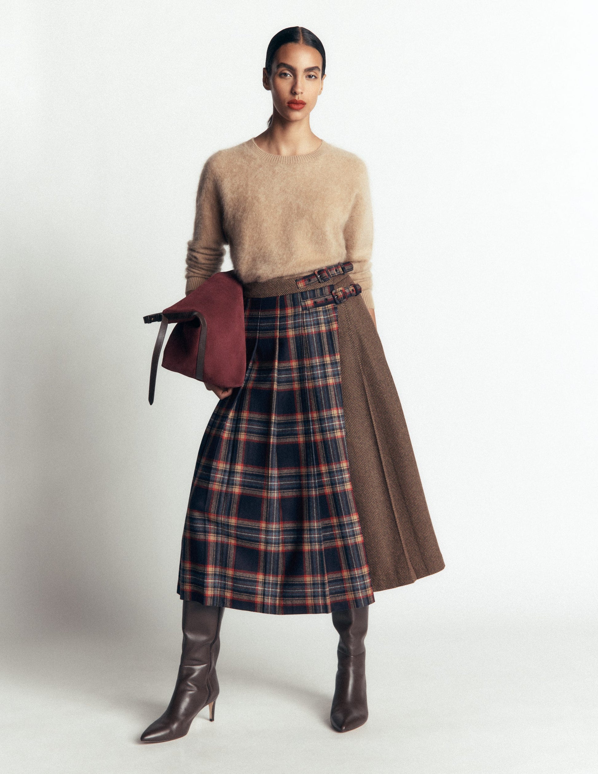 Plissierter Midi-Kilt-Marineblau und Camel Kariert-1