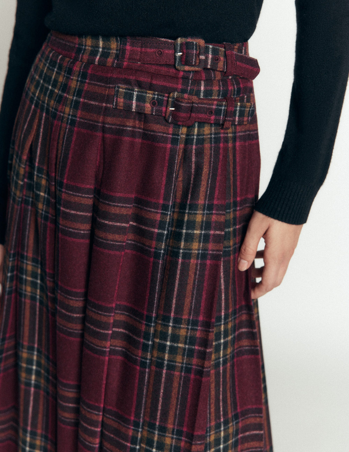 Pleated Midi Kilt-Maroon And Olive Check-2