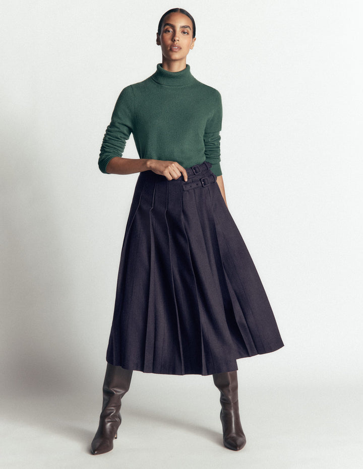Plissierter Midi-Kilt-Navy mit Fischgrätmuster