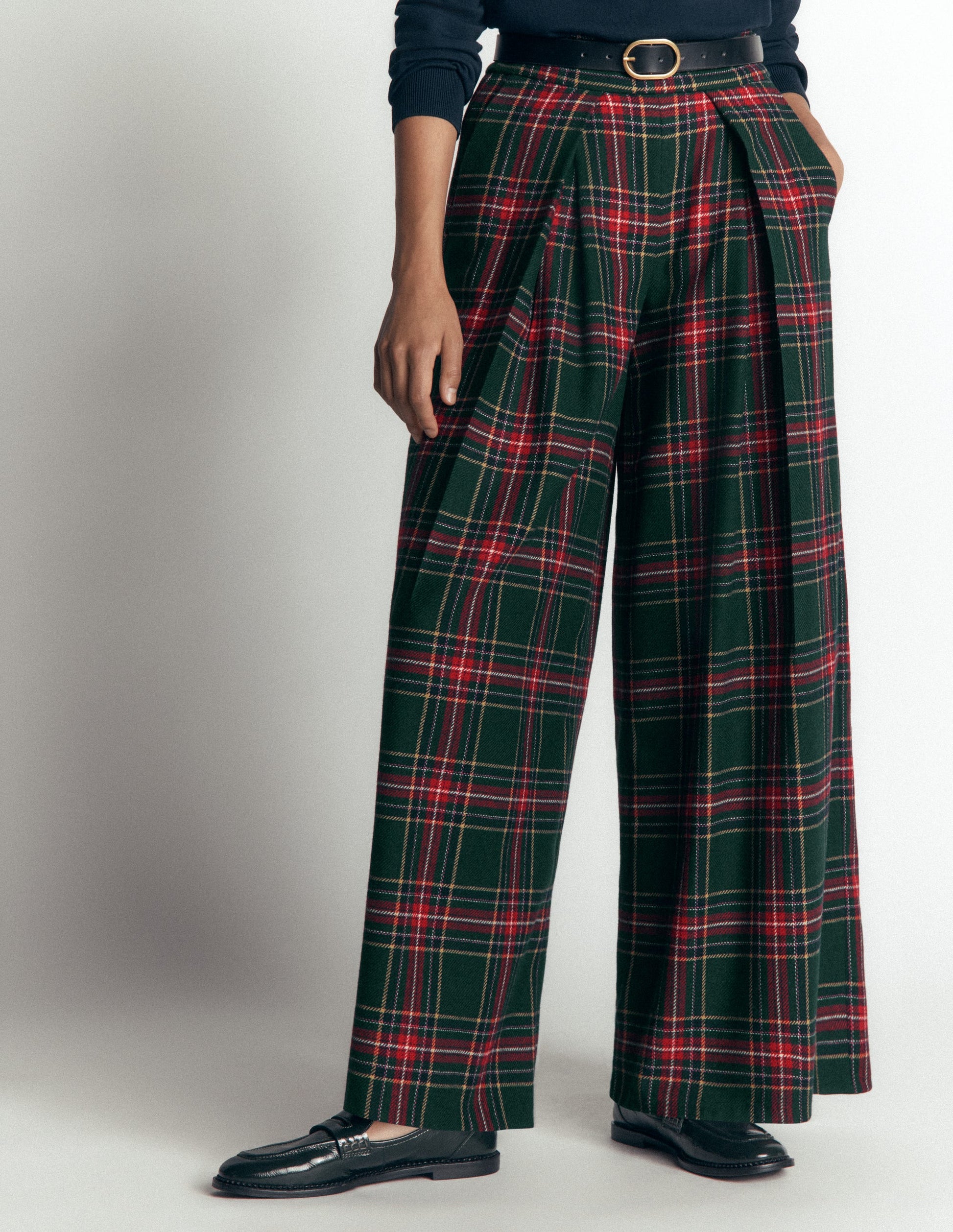 Plissierte Hose aus Wollmischung-Grün, Marineblau und Rot Kariert-5
