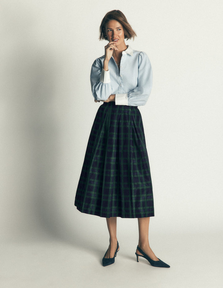 Verity Taft-Midirock-Marineblau, Grün, Blau Ton-in-Ton-Kariert