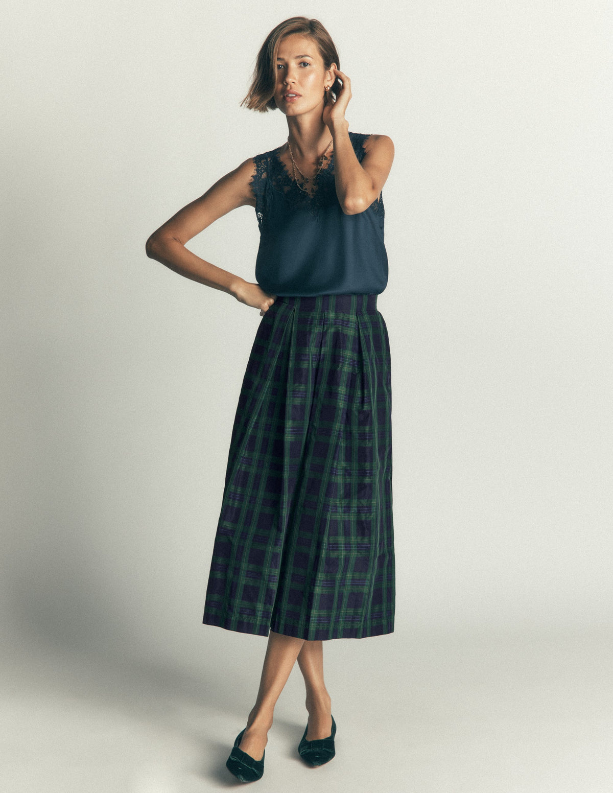 Verity Taft-Midirock-Marineblau, Grün, Blau Ton-in-Ton-Kariert-7