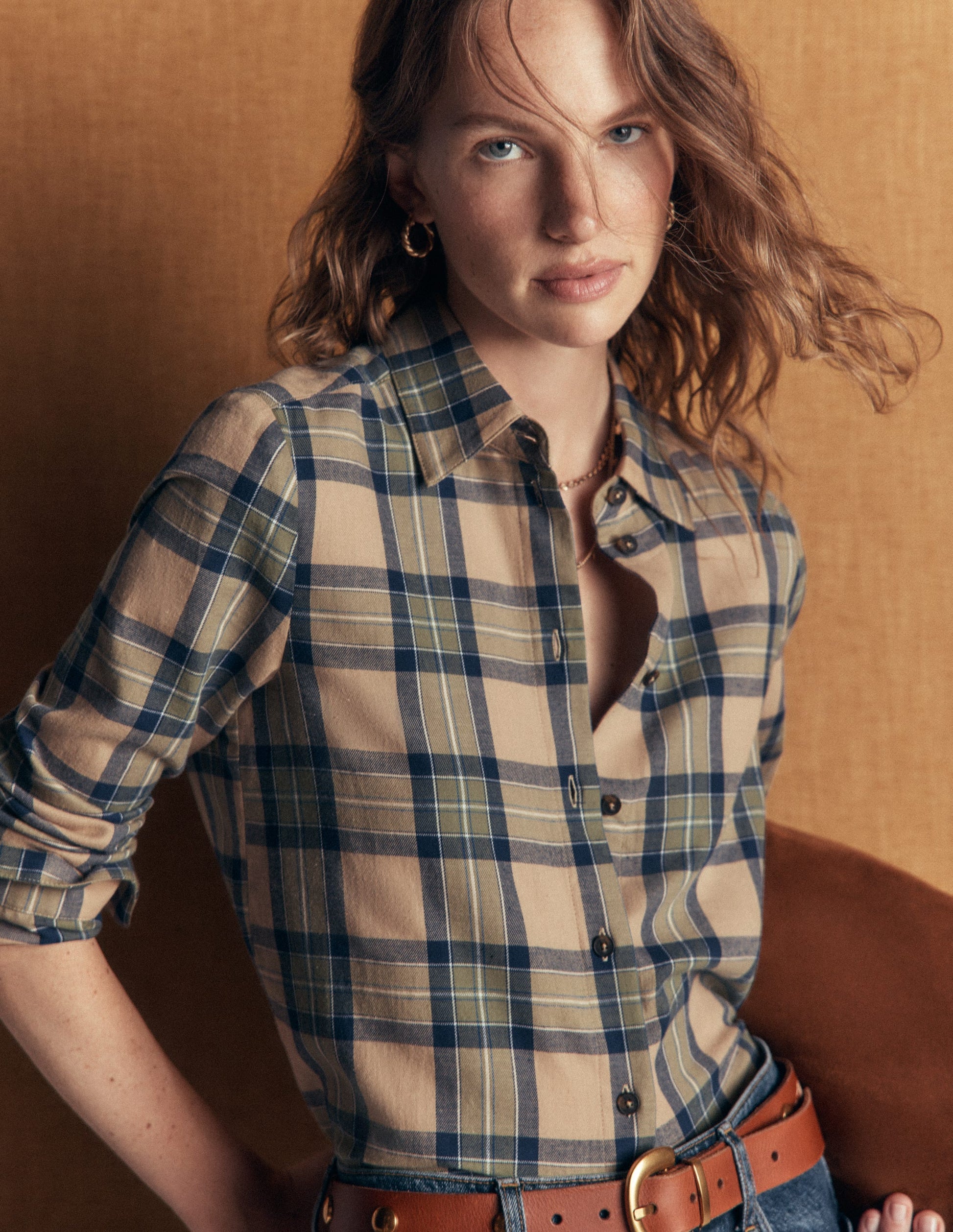 Das neue Sienna Baumwollhemd-Camel, Marineblau, Grün Kariert-1