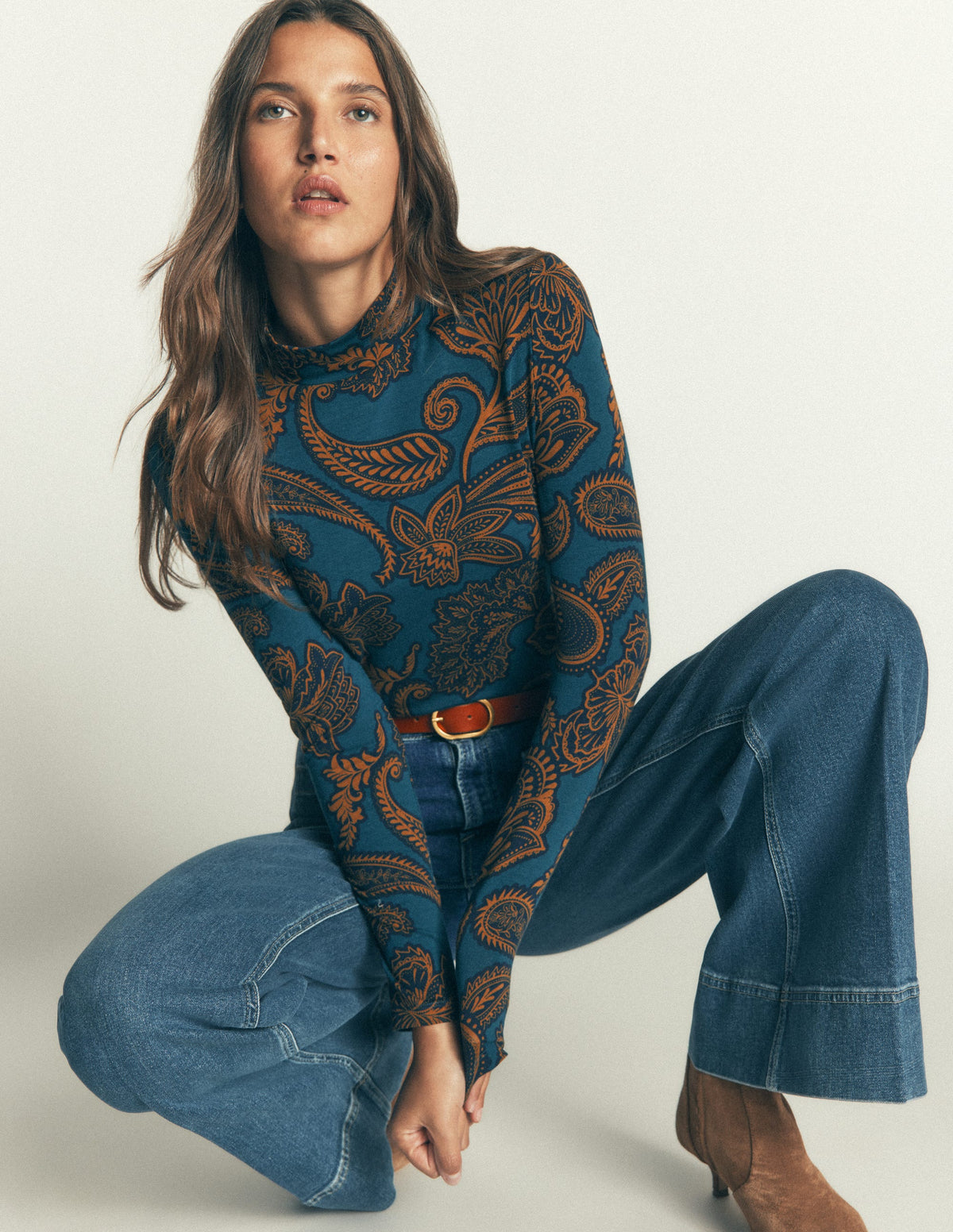 High Neck Jersey Top-Legion Blue, Paisley Bouquet - Image 1