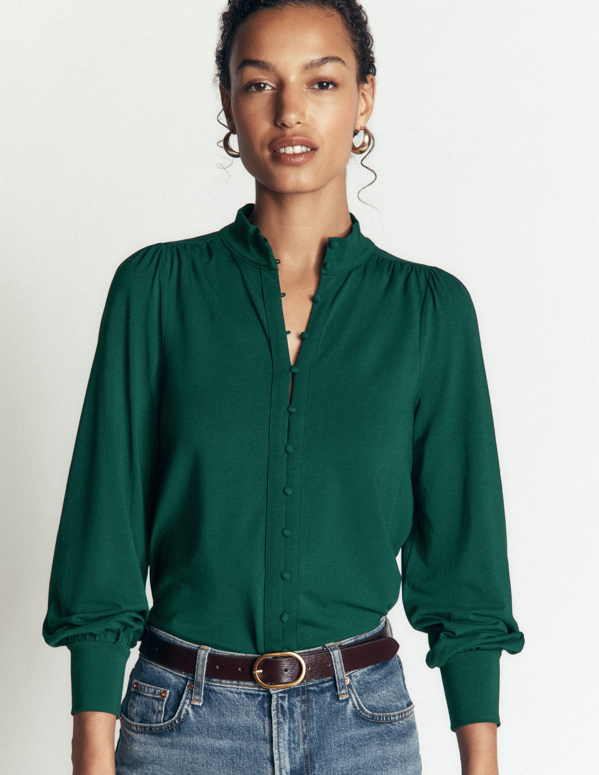 Blouse à demi-patte de boutonnage et manchettes profondes-Émeraude nocturne-2
