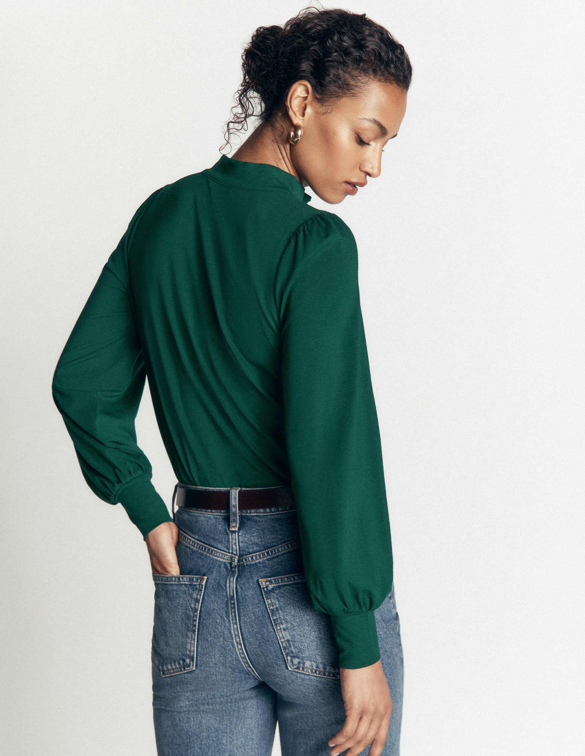 Blouse à demi-patte de boutonnage et manchettes profondes-Émeraude nocturne-3