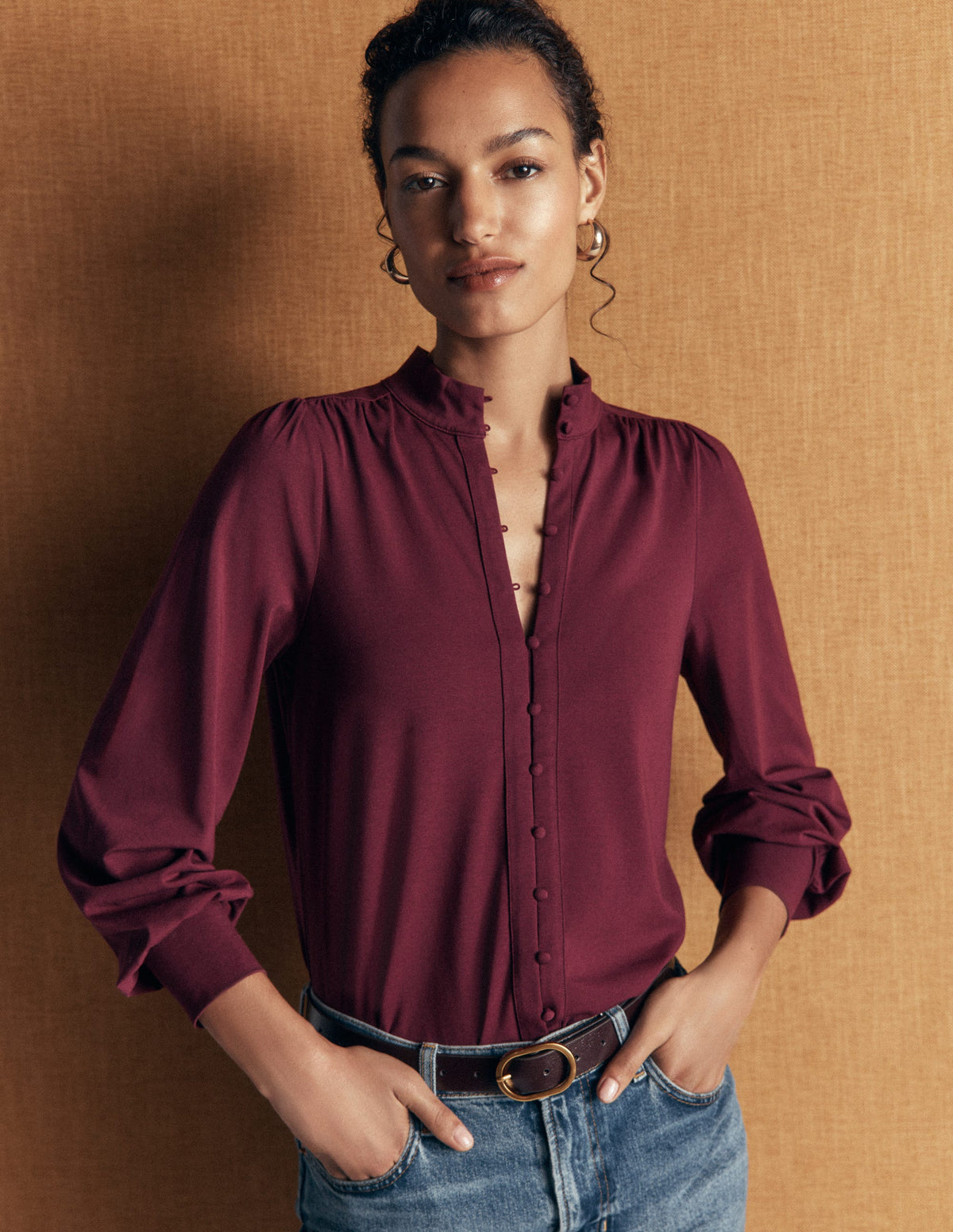 Isla Funnel Neck Button Blouse-Deep Wisteria - Image 5