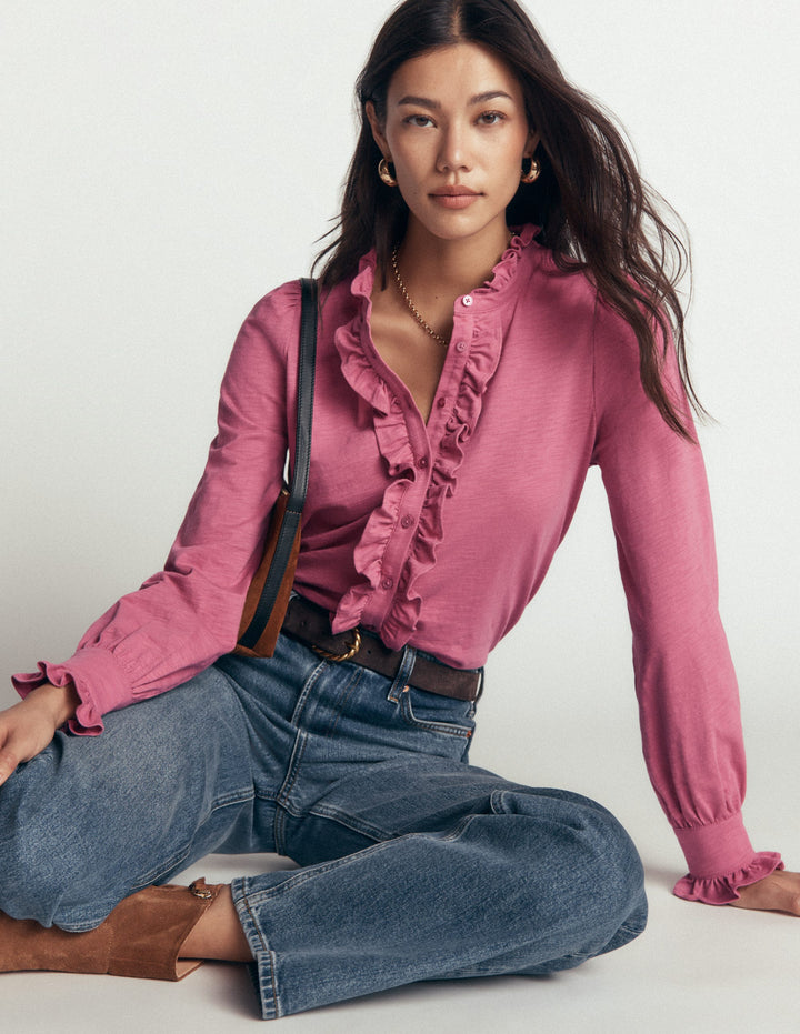 Bluse mit großen Rüschen-Rosa Heide