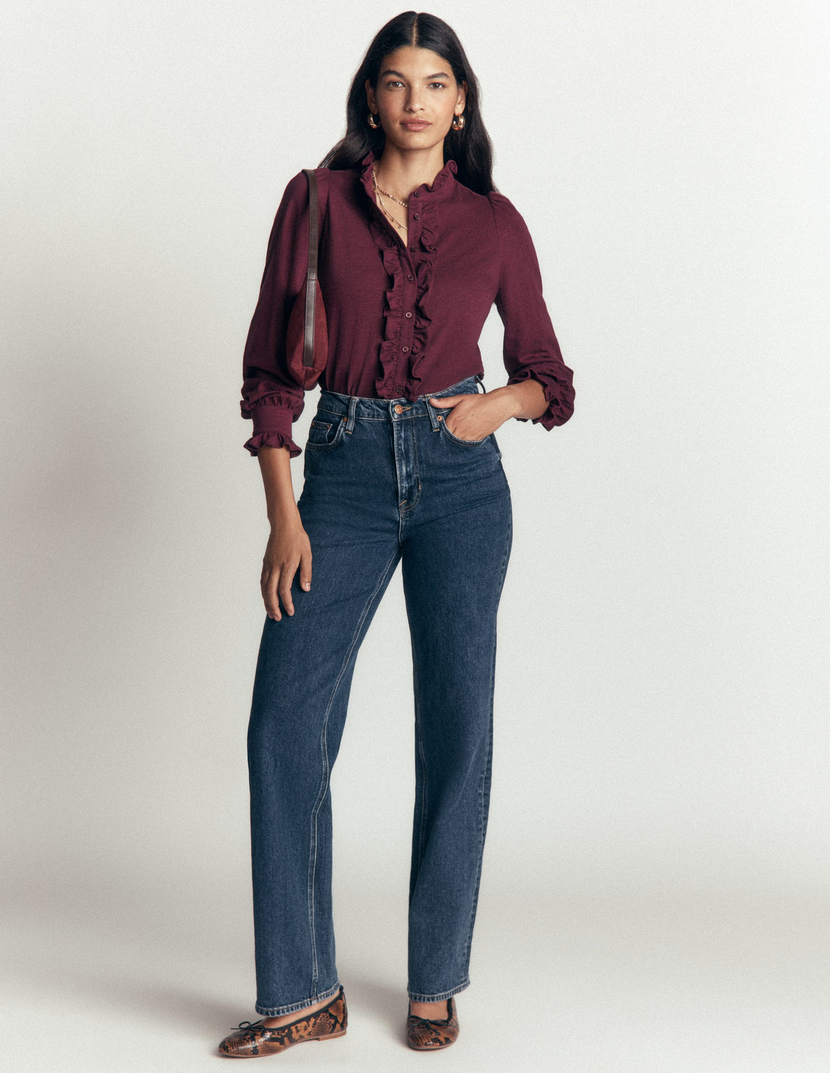 Bluse mit großen Rüschen-Dunkle Kirsche-4