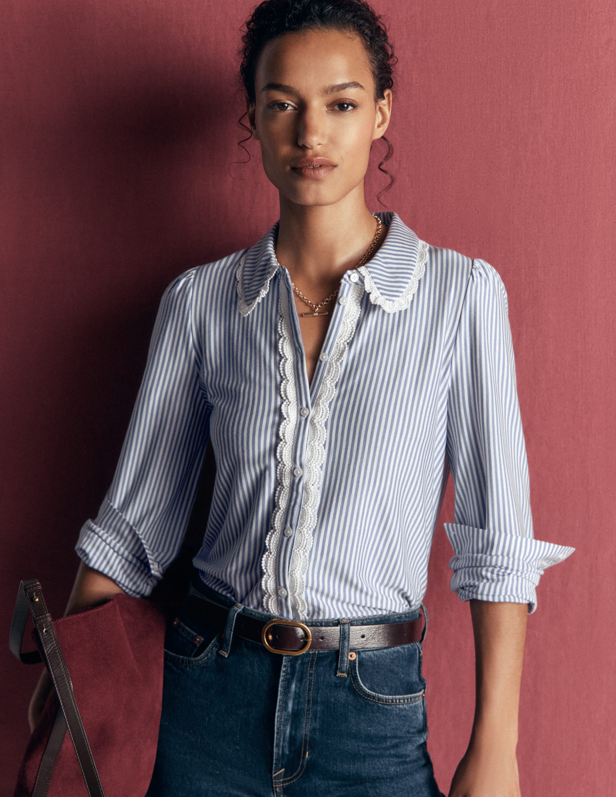 Bluse mit Rüschen und Spitze-Verwaschener Denim und Naturweiß Streifen - Image 1