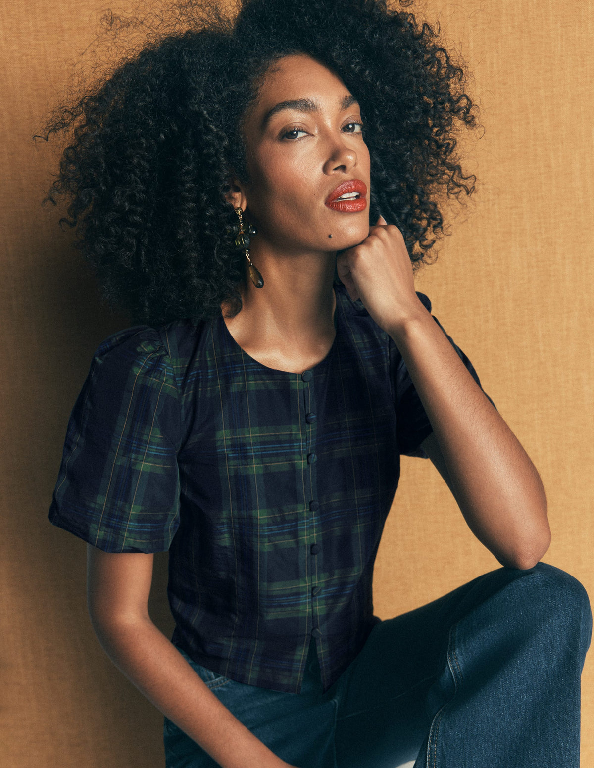 Puff Sleeve Taffeta Top-Navy, Green, Blue Tonal Check-1