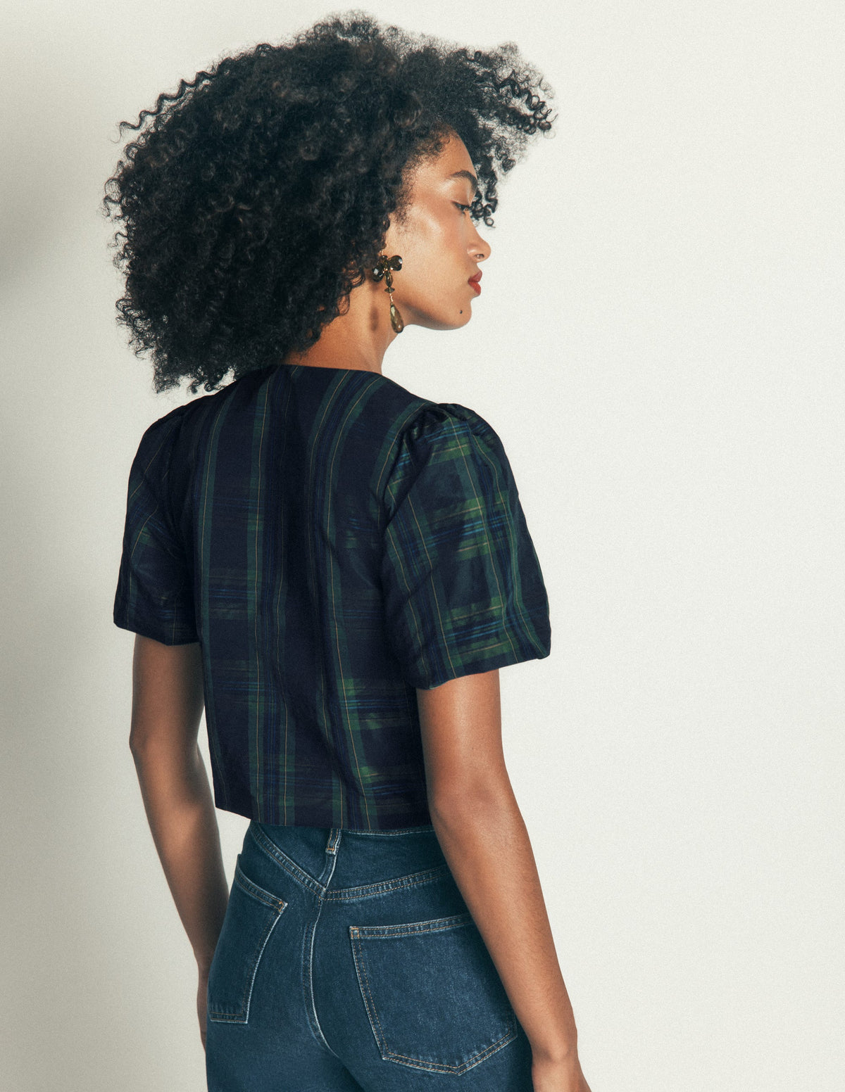 Puff Sleeve Taffeta Top-Navy, Green, Blue Tonal Check-4
