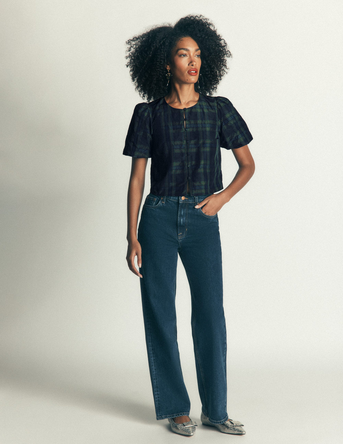 Puff Sleeve Taffeta Top-Navy, Green, Blue Tonal Check-5