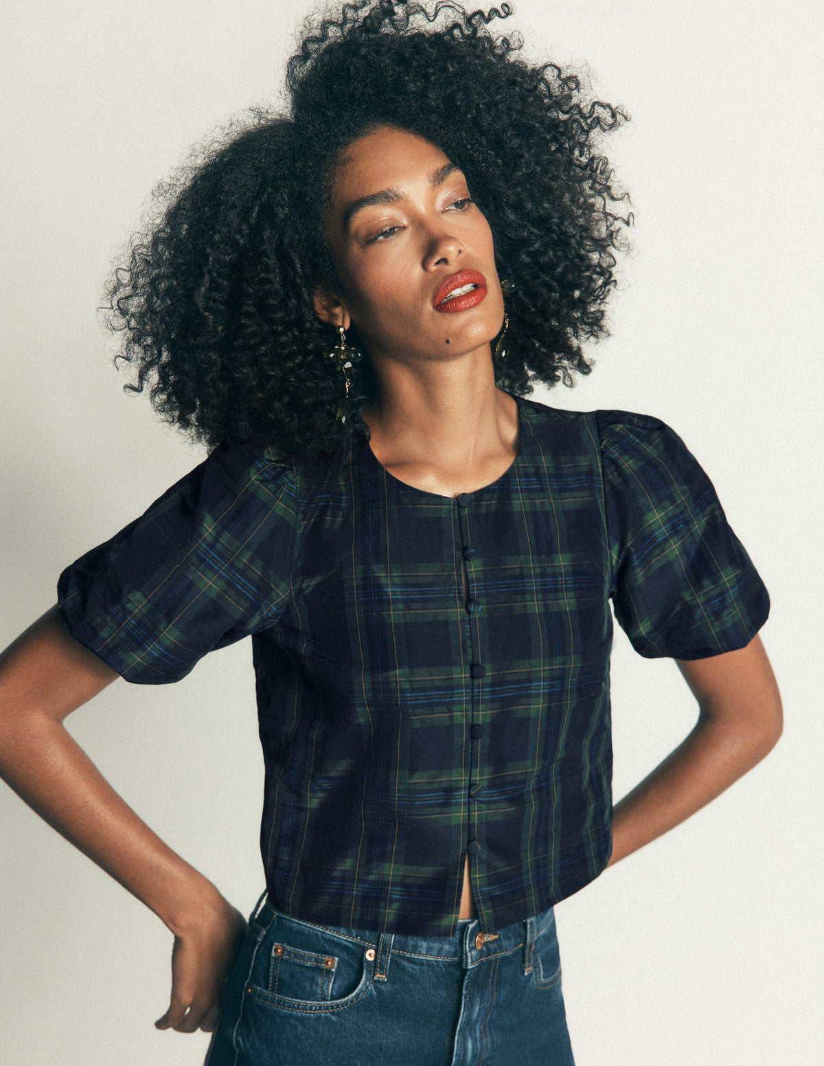 Puff Sleeve Taffeta Top-Navy, Green, Blue Tonal Check - Image 6