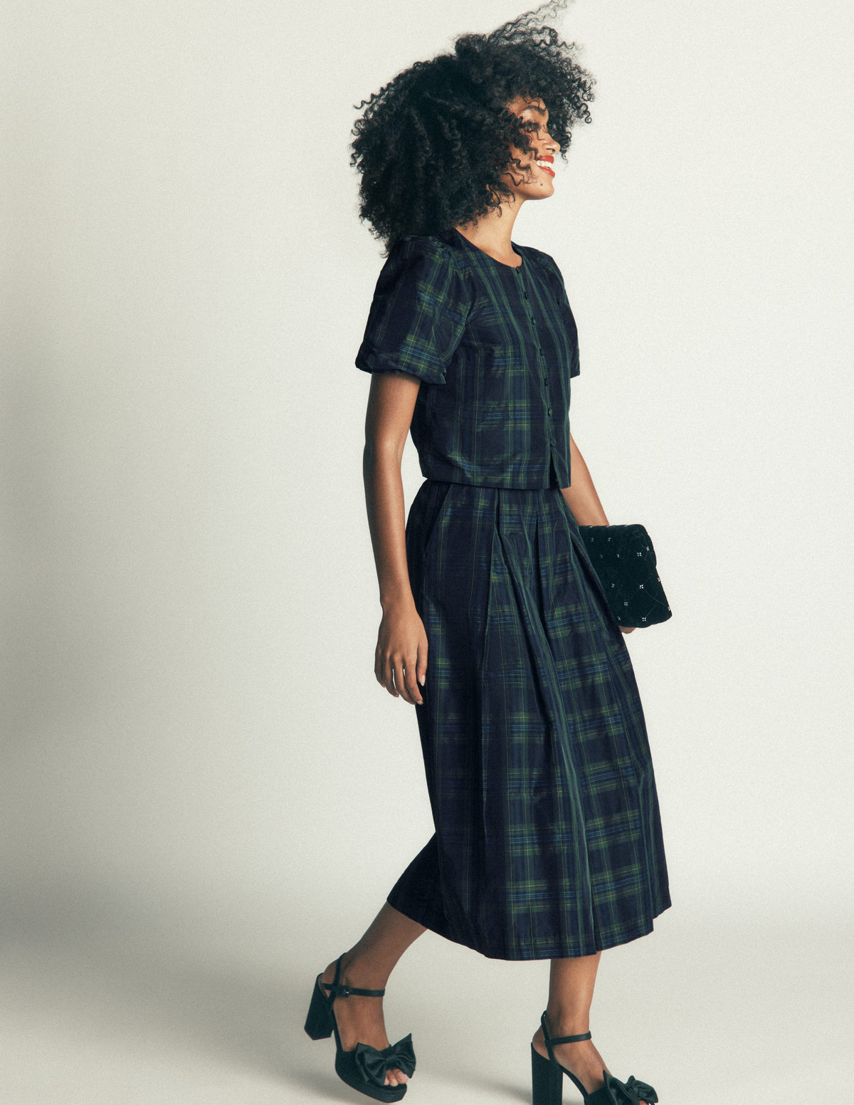 Puff Sleeve Taffeta Top-Navy, Green, Blue Tonal Check-7