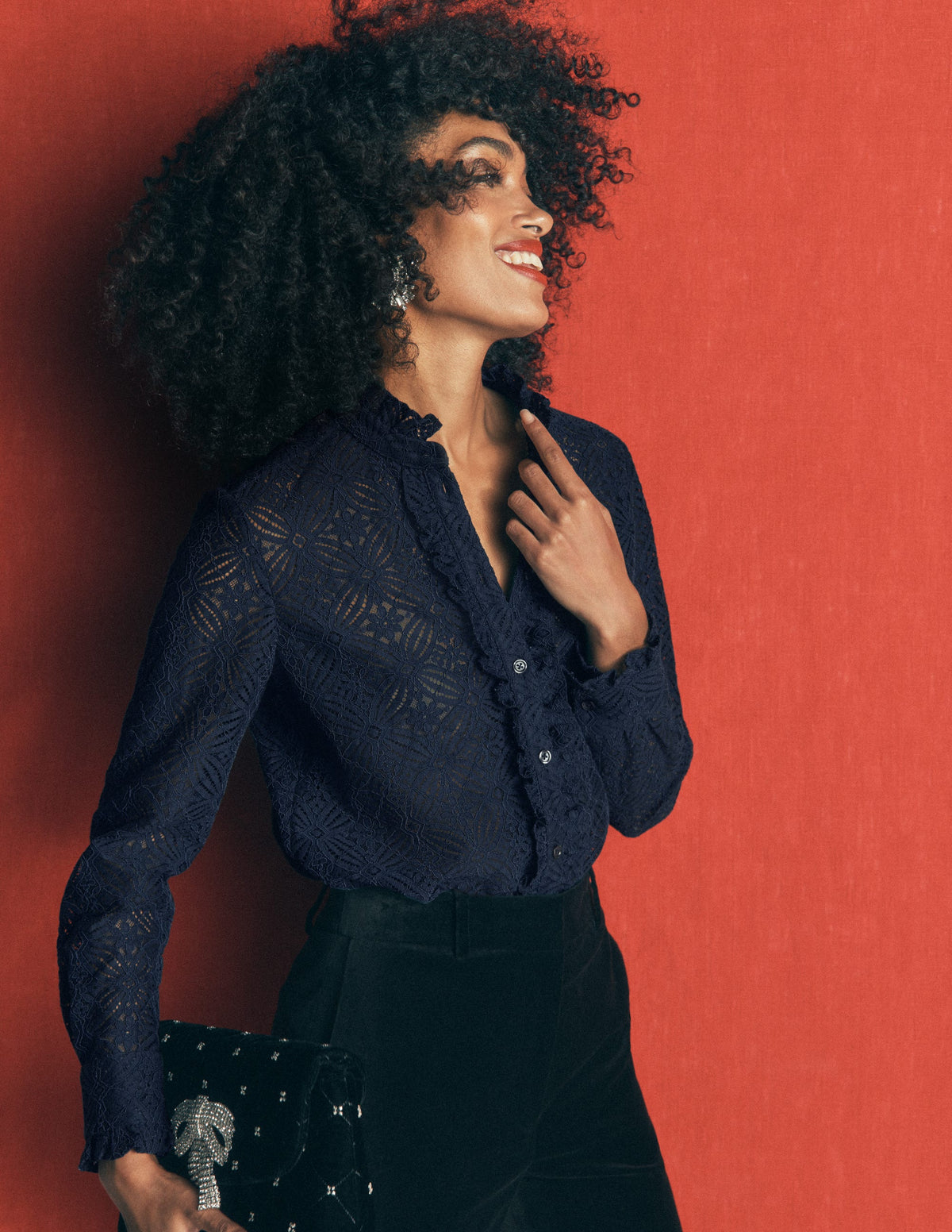 Chemise Sienna en dentelle à volants-Bleu marine - Image 1