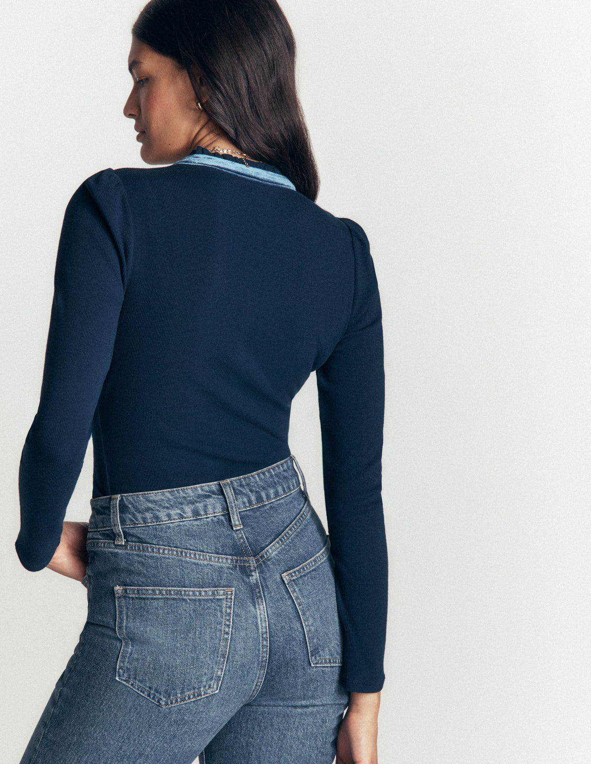 Henley-Shirt mit Samtbesatz und Rüschenkragen-Blau-3