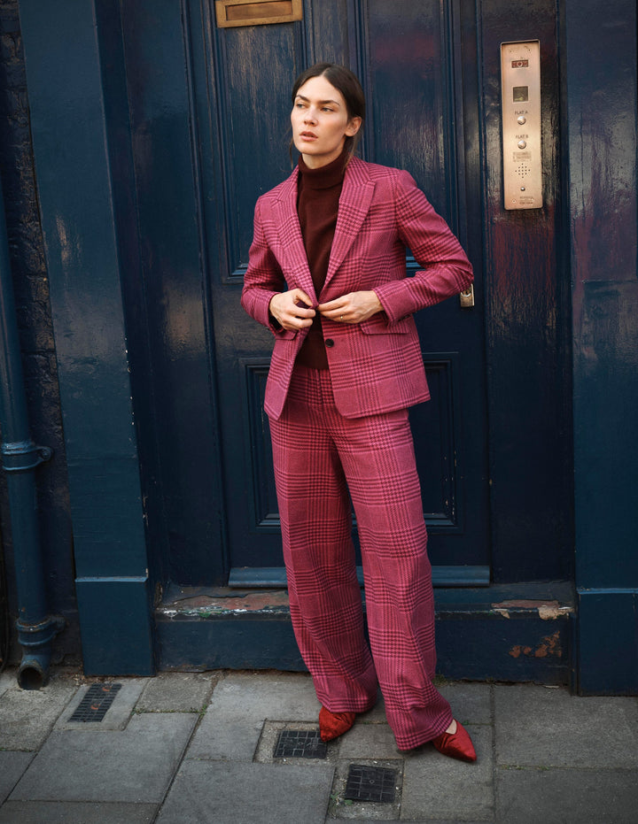 Blazer Stamford en laine-Carreaux rose et acajou