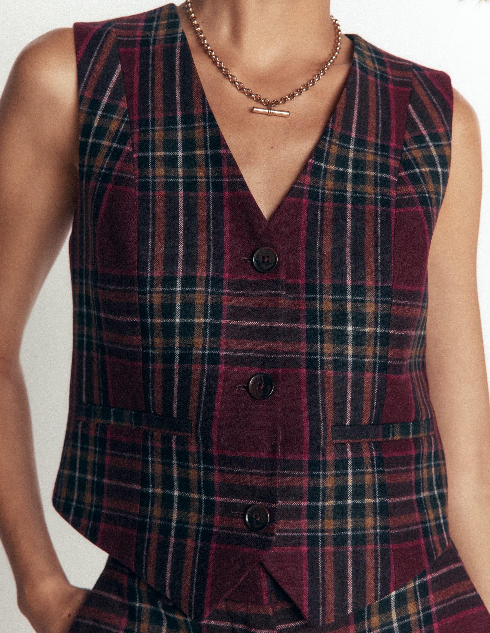V Neck Wool Blend Waistcoat-Maroon and Olive Check - Image 2