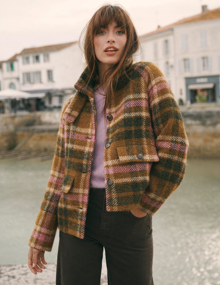 Kurzer Wollmantel mit Trichterkragen-Grün und Rosa Kariert