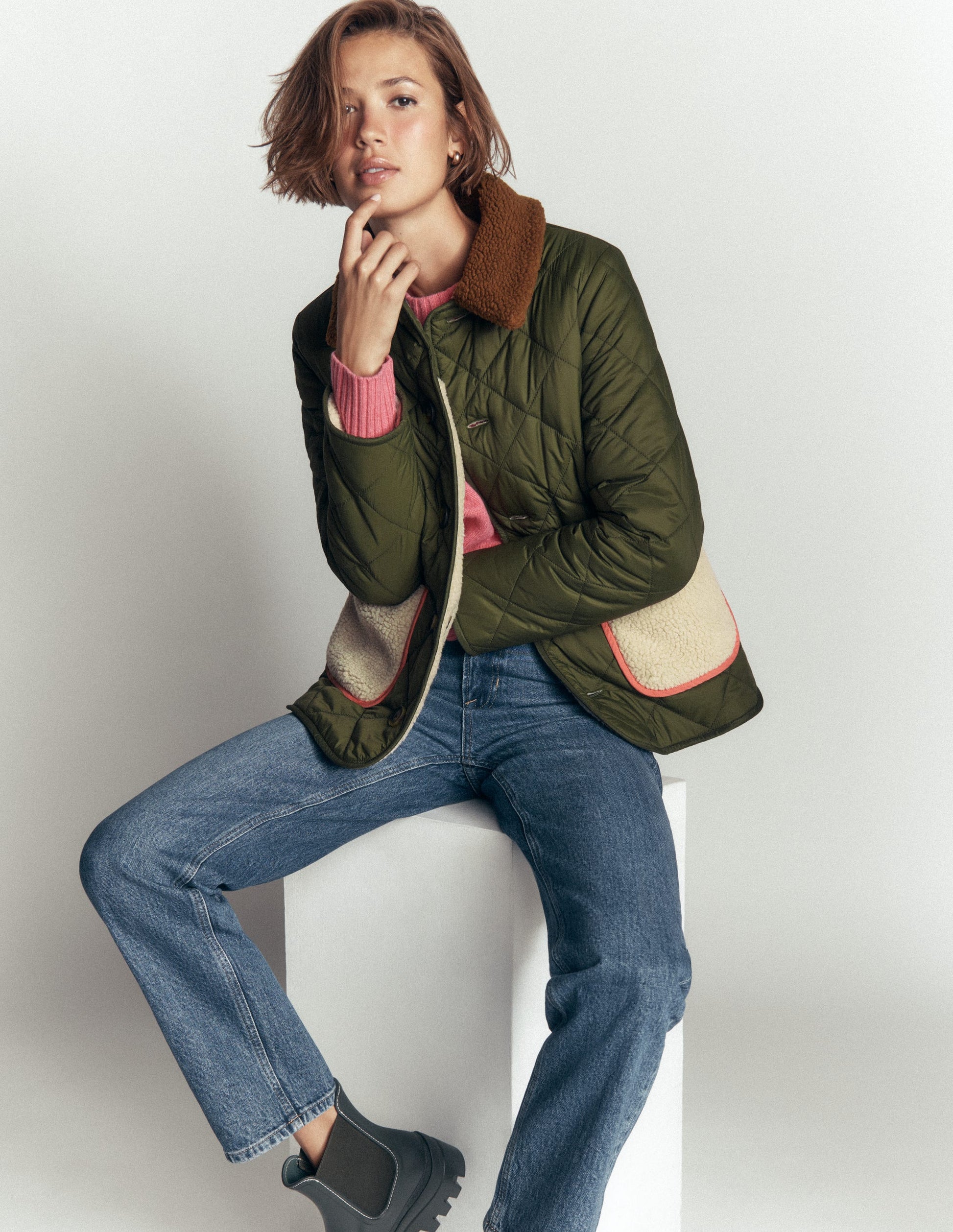 Manteau réversible en borg mélangé-Vert des bois-5