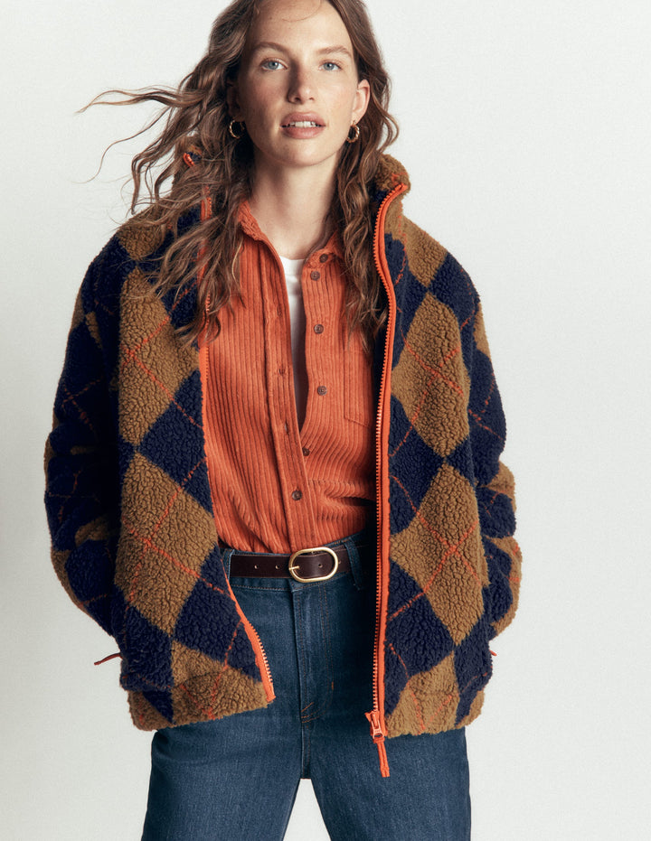 Alnwick Teddyfelljacke-Camel, Marineblau & Orange Argyle
