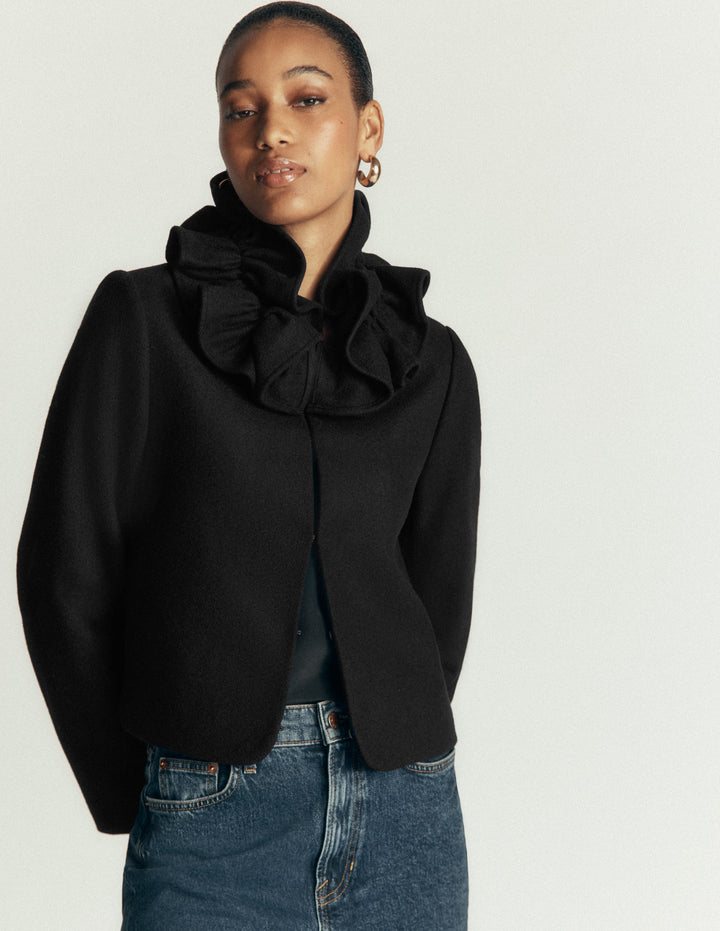 Wolljacke mit Rüschenkragen-Schwarz