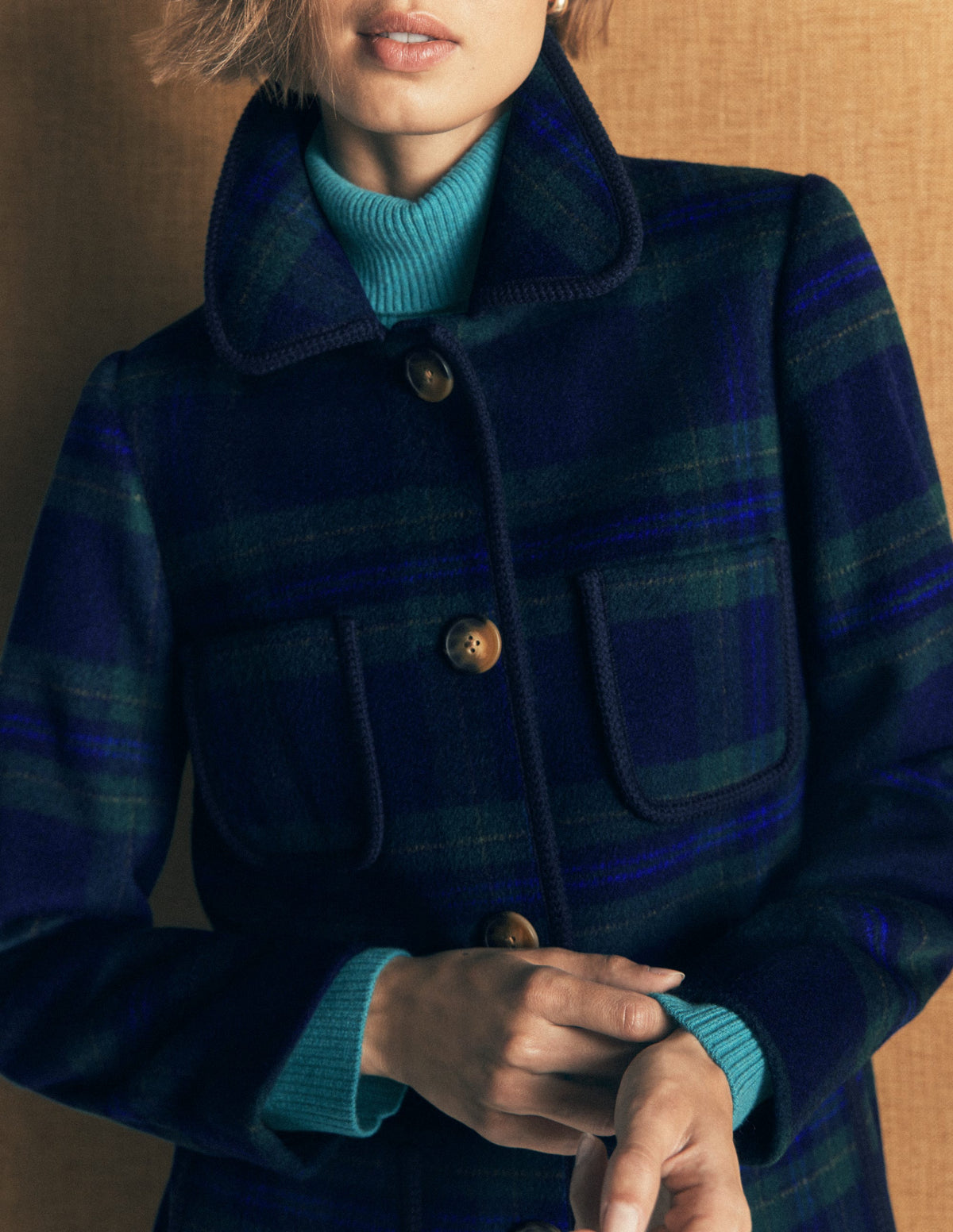 Patch Pocket Wool Blend Coat-Navy, Green and Blue Check - Image 3