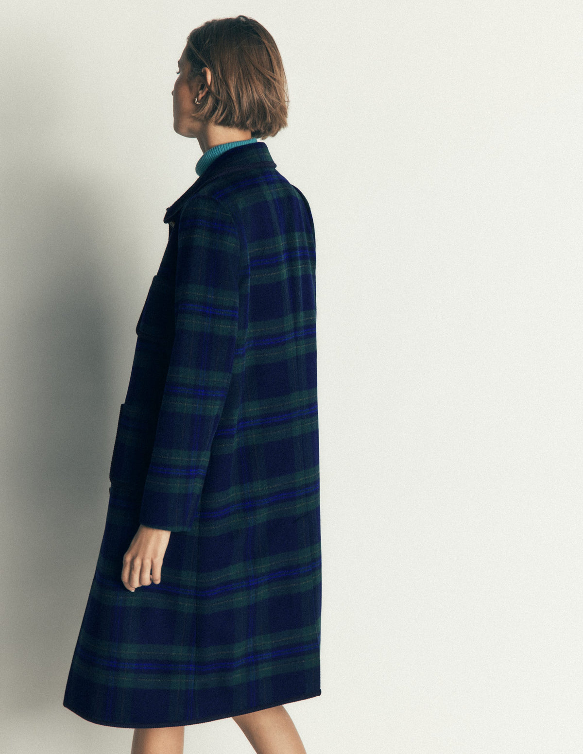 Patch Pocket Wool Blend Coat-Navy, Green and Blue Check-5