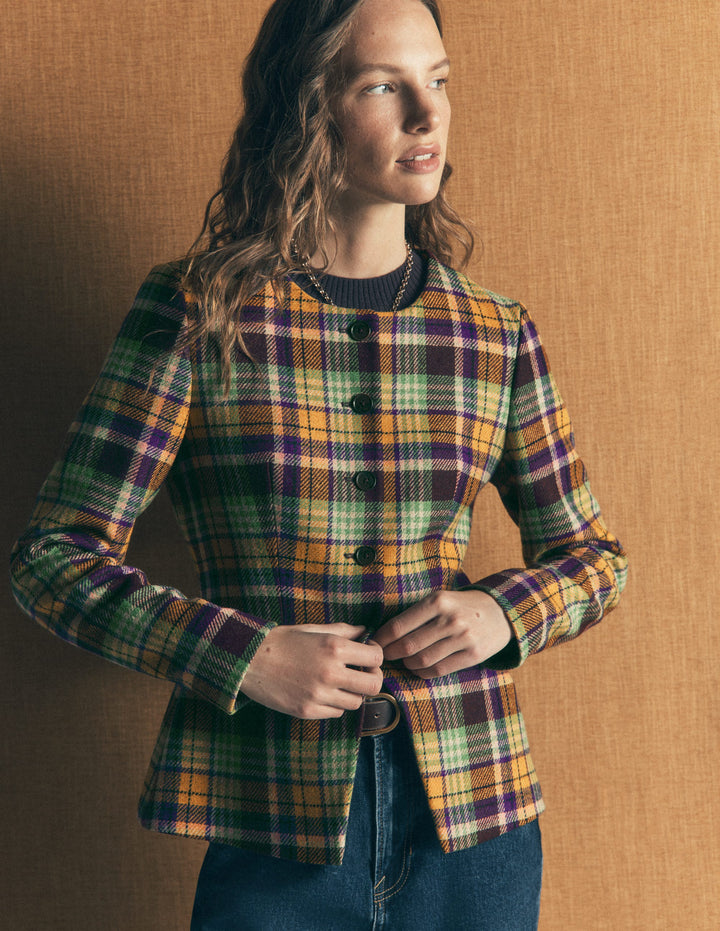 Kragenloser Blazer aus Wollmischgewebe-Gelb, Kastanienbraun Bunt Kariert