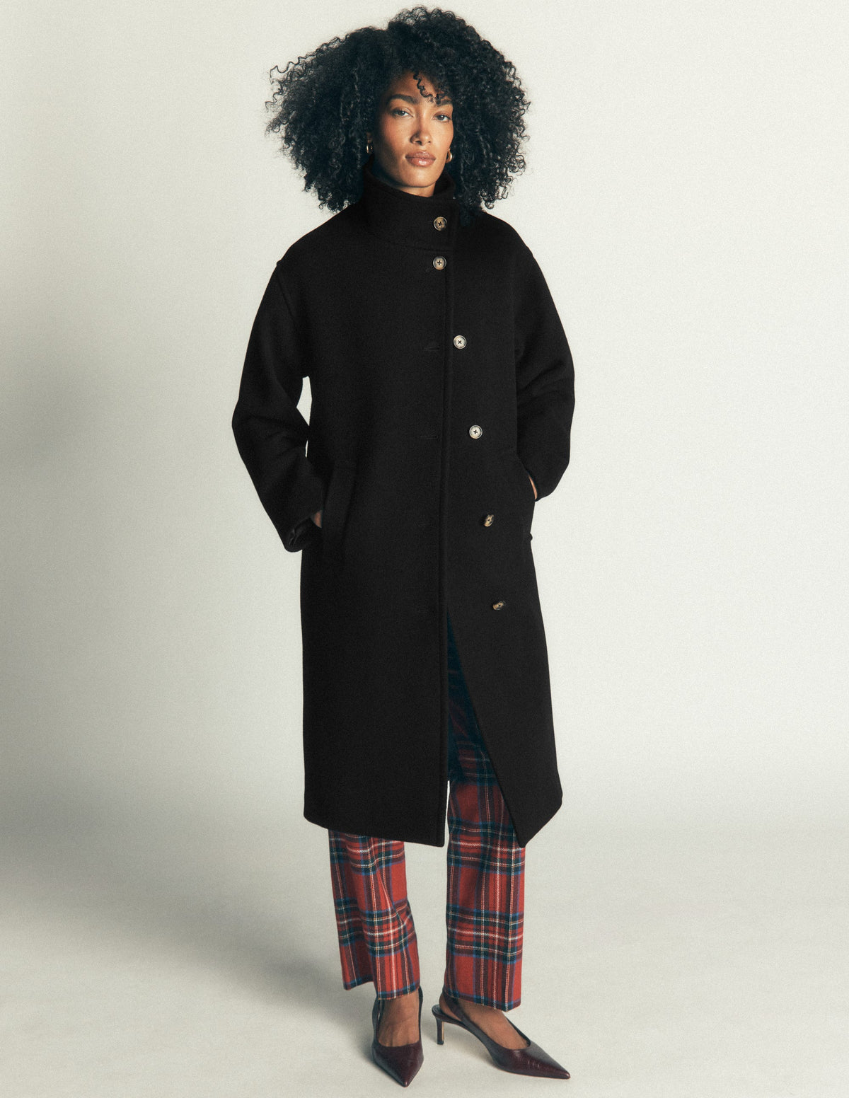 Funnel Neck Longline Wool Coat-Black - Image 4