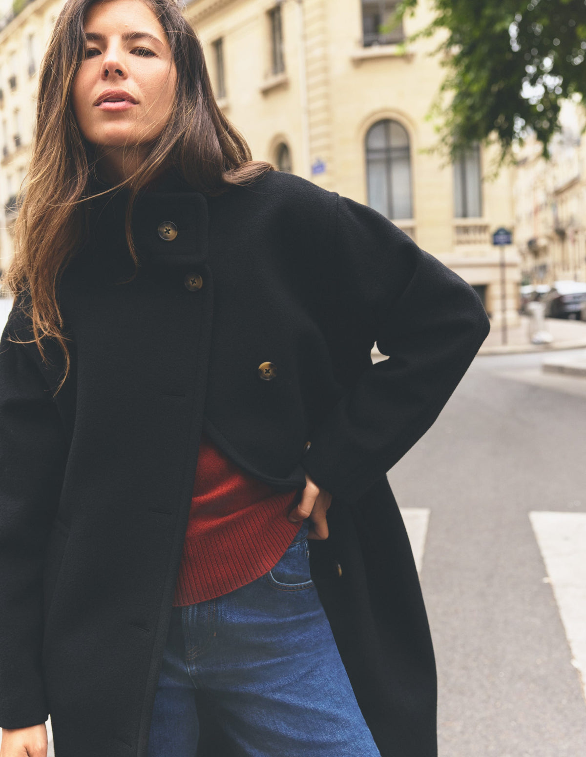 Funnel Neck Longline Wool Coat-Black-7
