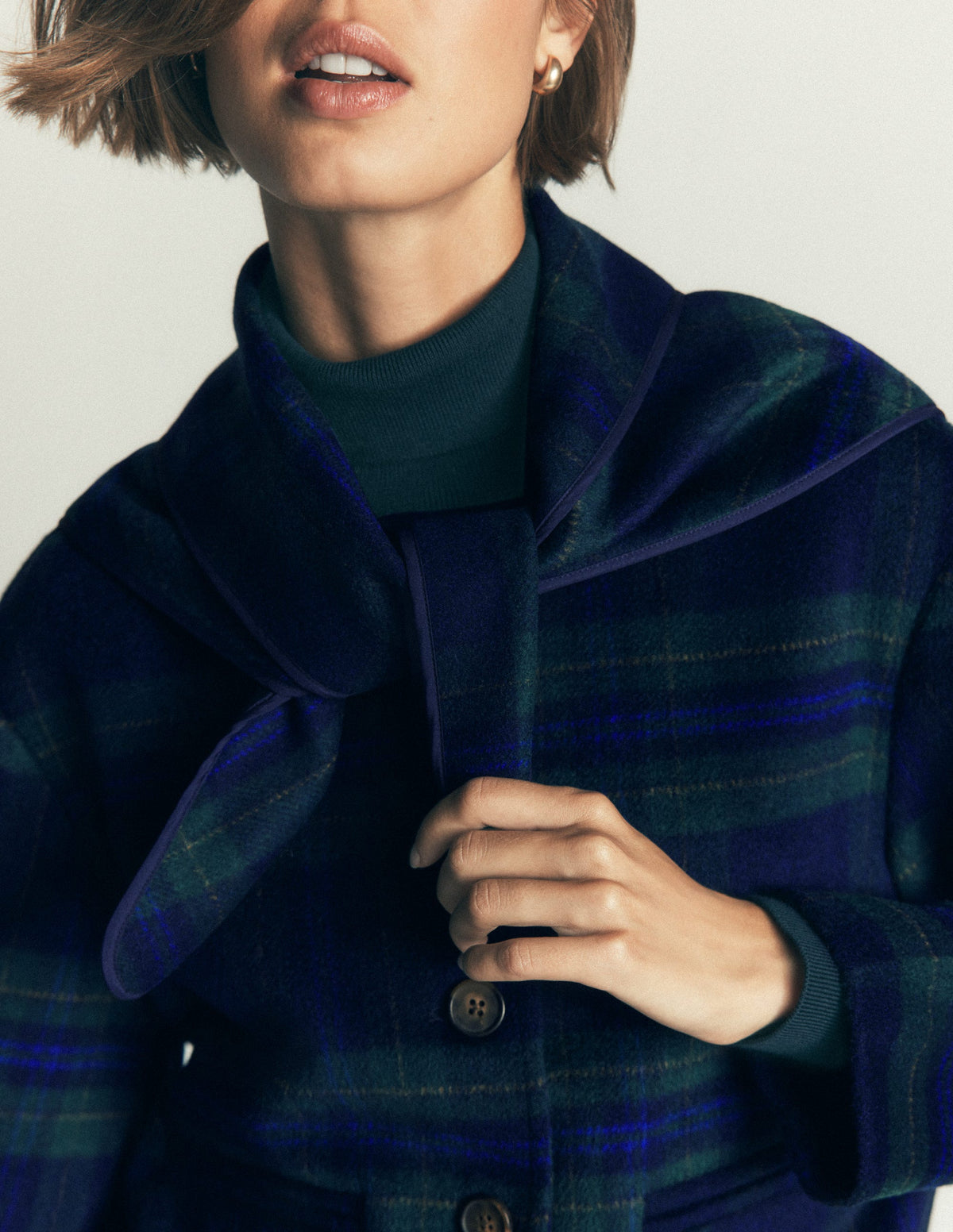Scarf Neck Jacket-Navy, Green, Blue Tonal Check-3