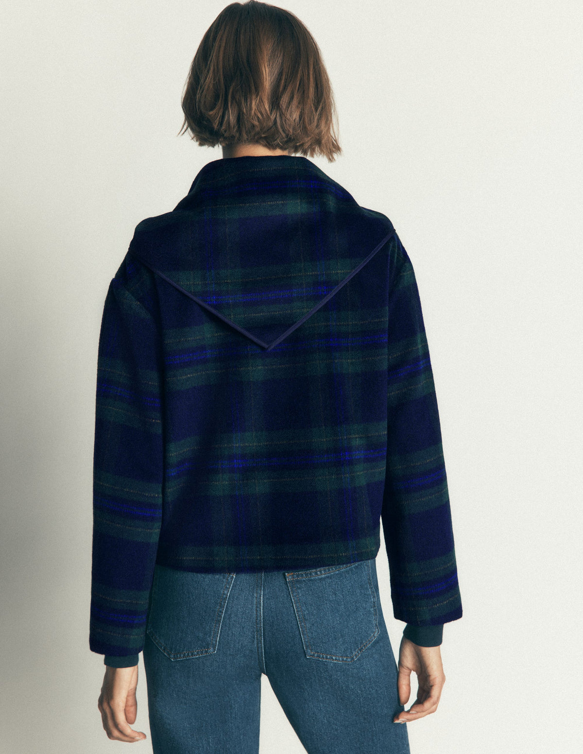 Scarf Neck Jacket-Navy, Green, Blue Tonal Check-4