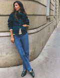 Scarf Neck Jacket-Navy, Green, Blue Tonal Check